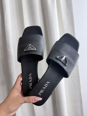 Prada Black Leather Logo Slide Sandals